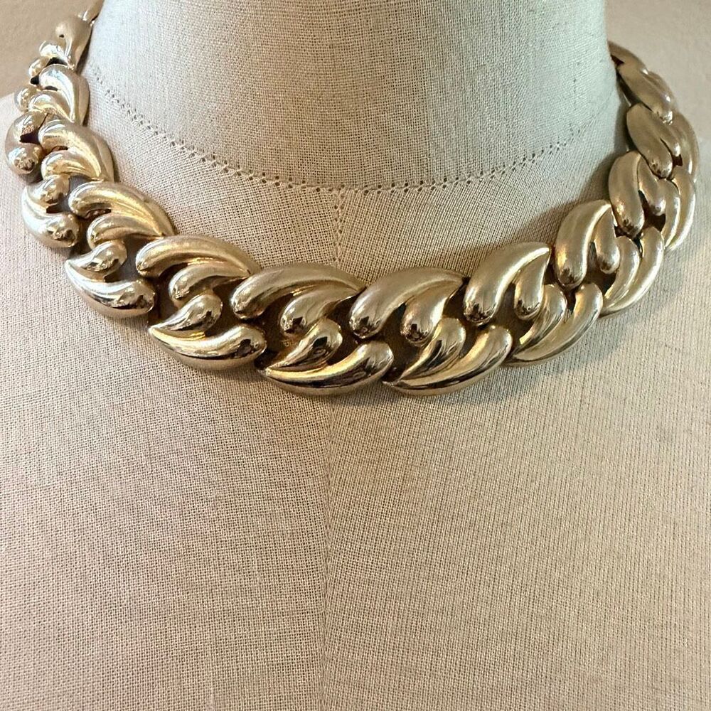 Chunky Gold Tone Sculptural Link Necklace with Box Clasp
